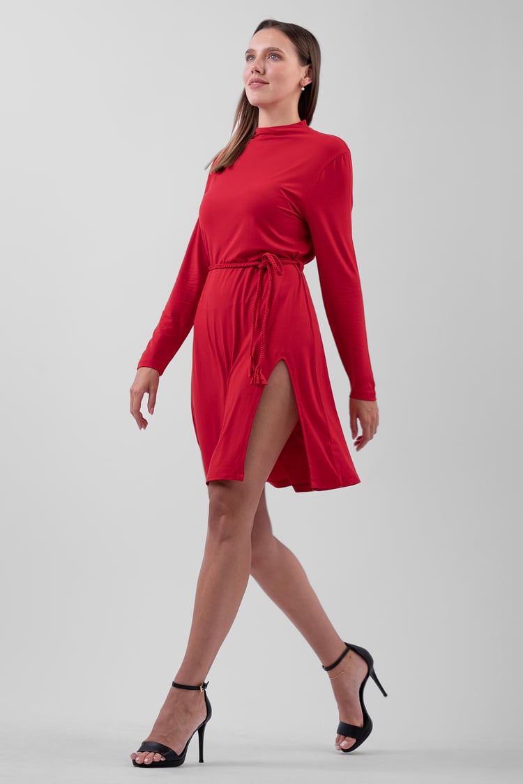 Mock Neck Tie-Belt Mini Dress