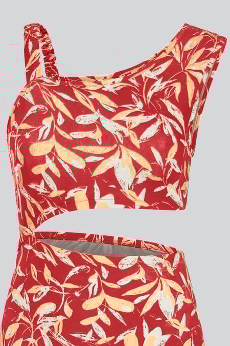 Women's Red Printed Midi Dress with Cut-Out Detail