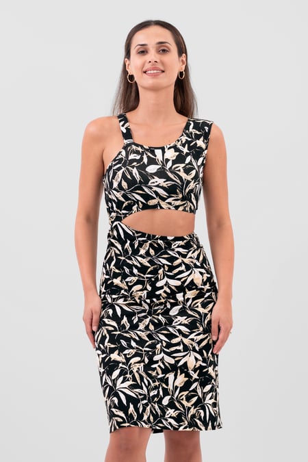 Women's Black Printed Midi Dress with Cut-Out Detail