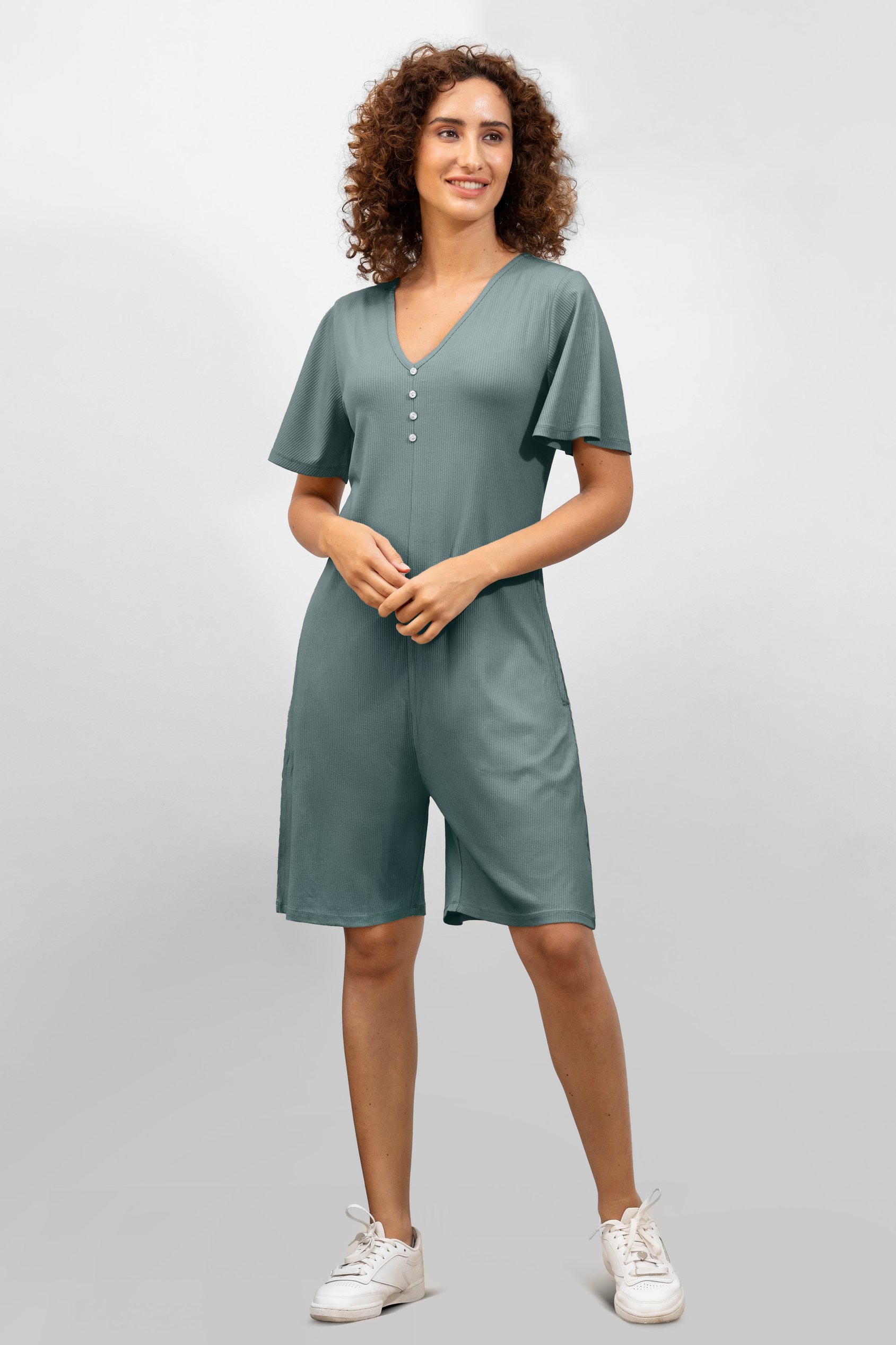 Bell Sleeve Textured Rib Playsuit