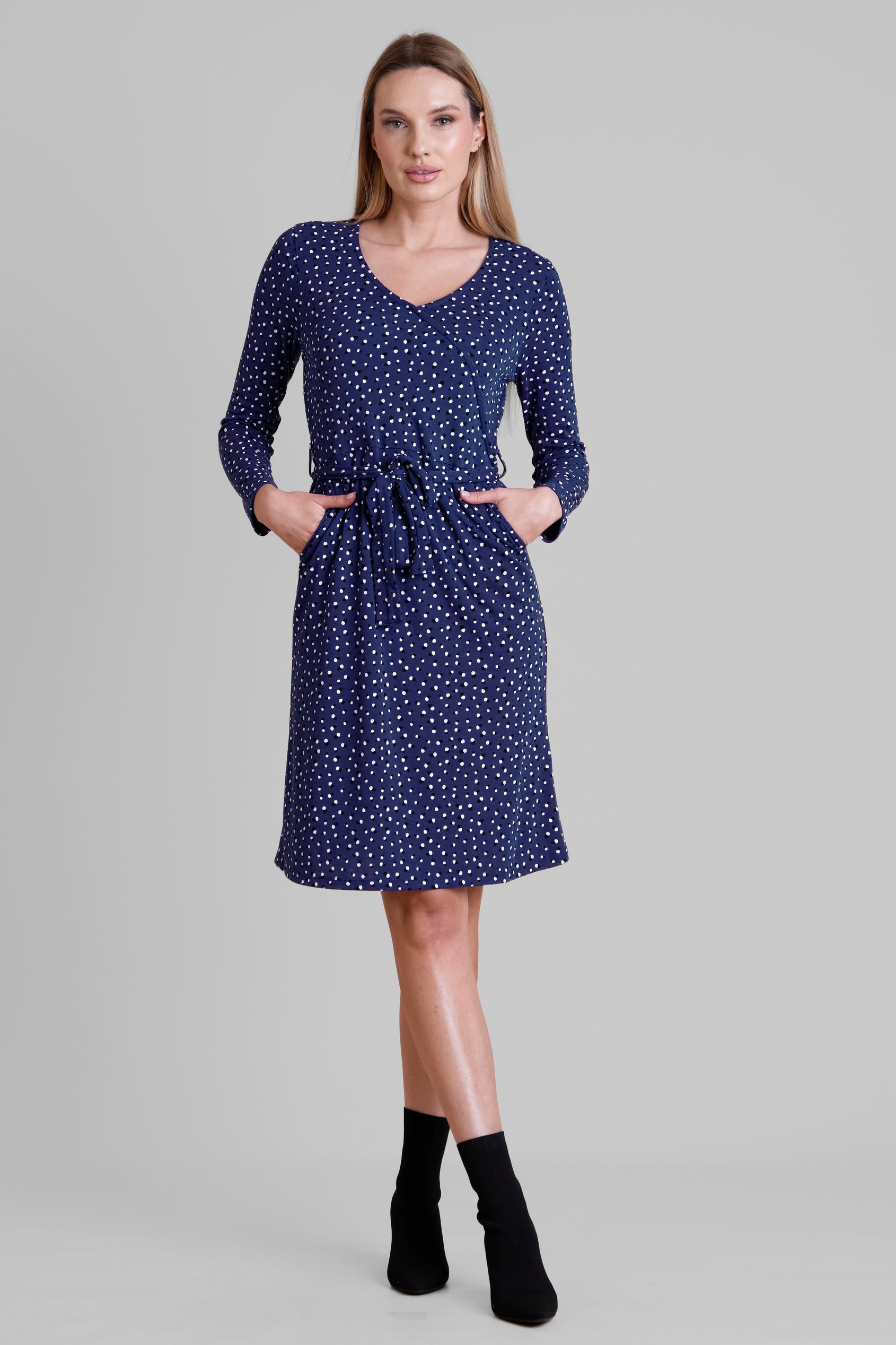 Slim Fit V-Neck Dot Printed Dress