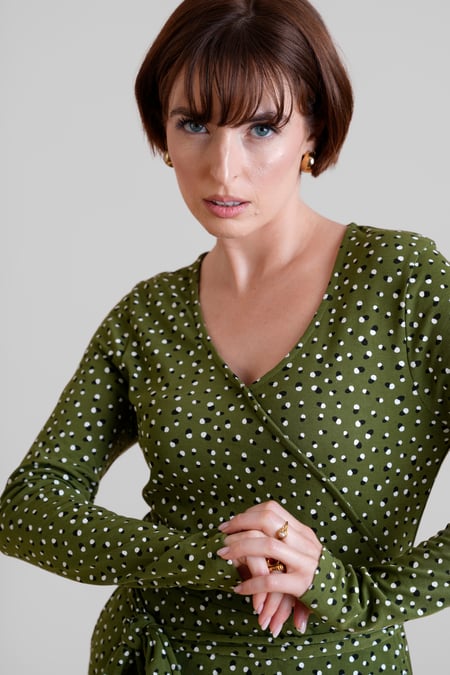 Green Slim Fit V-Neck Dot Printed Dress