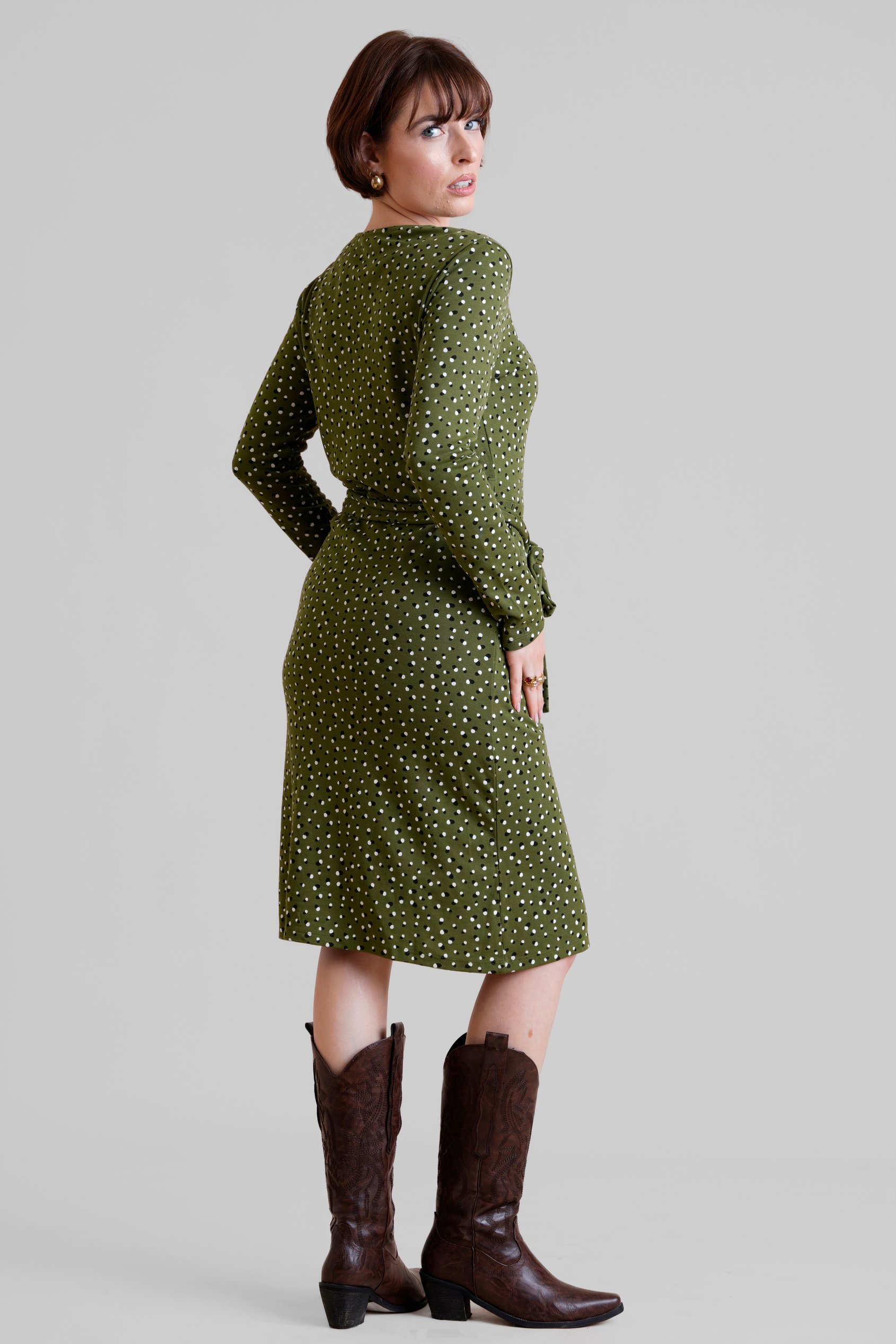 Slim Fit V-Neck Dot Printed Dress