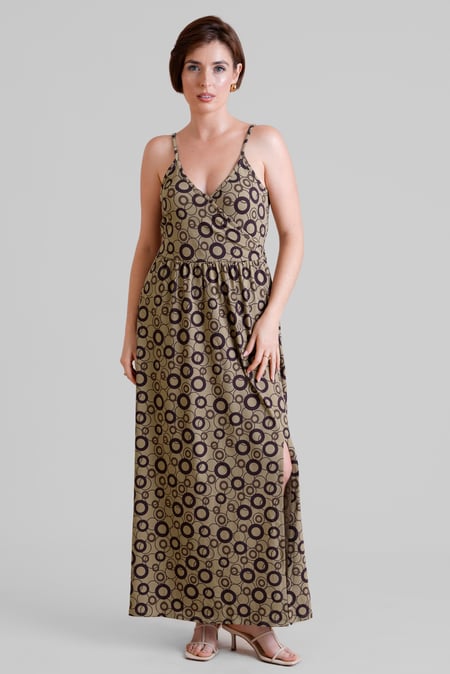 Brown Geo Printed Jersey Wrap Front Maxi Dress