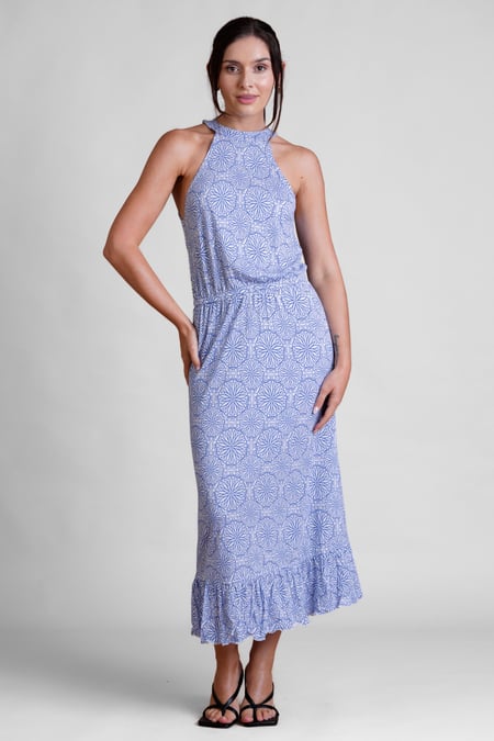 Blue Tiles Print Halter Neck Midi Jersey Dress