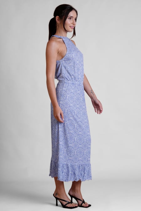 Blue Tiles Print Halter Neck Midi Jersey Dress