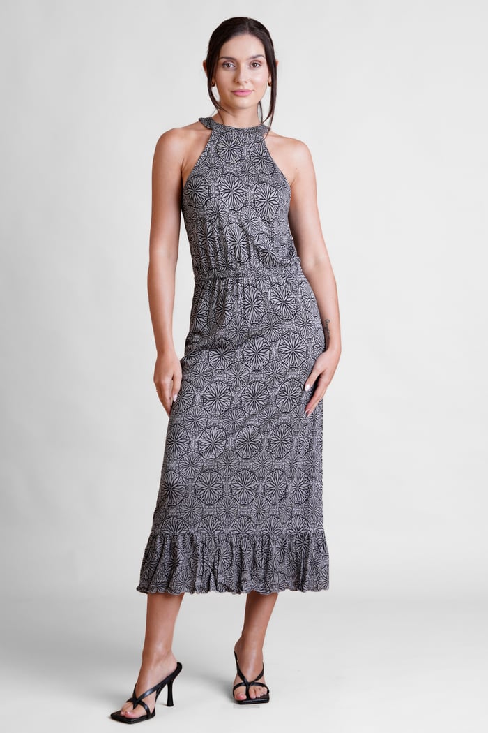Tiles Print Halter Neck Midi Jersey Dress