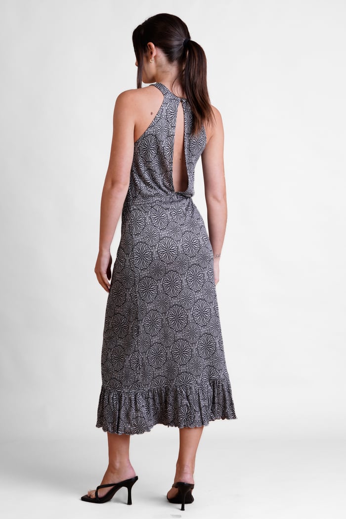 Tiles Print Halter Neck Midi Jersey Dress