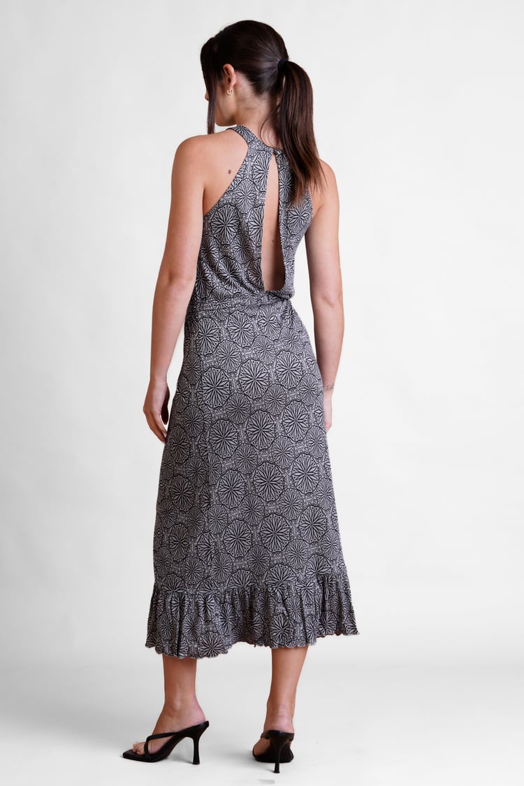 Tiles Print Halter Neck Midi Jersey Dress