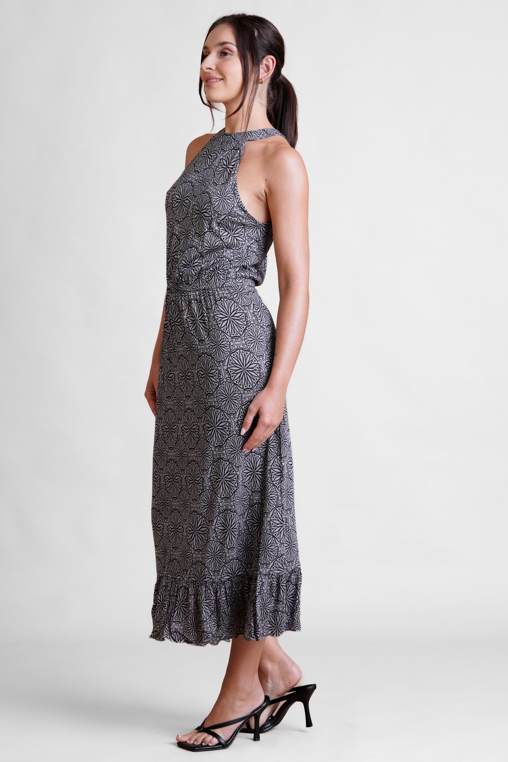 Tiles Print Halter Neck Midi Jersey Dress