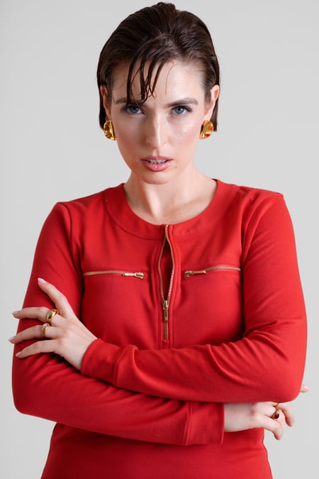 Women's Red Zip Front Mini Jersey Dress