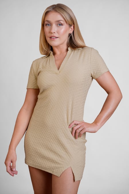 Cream Deep V-Neck Polo Collar Mini Dress