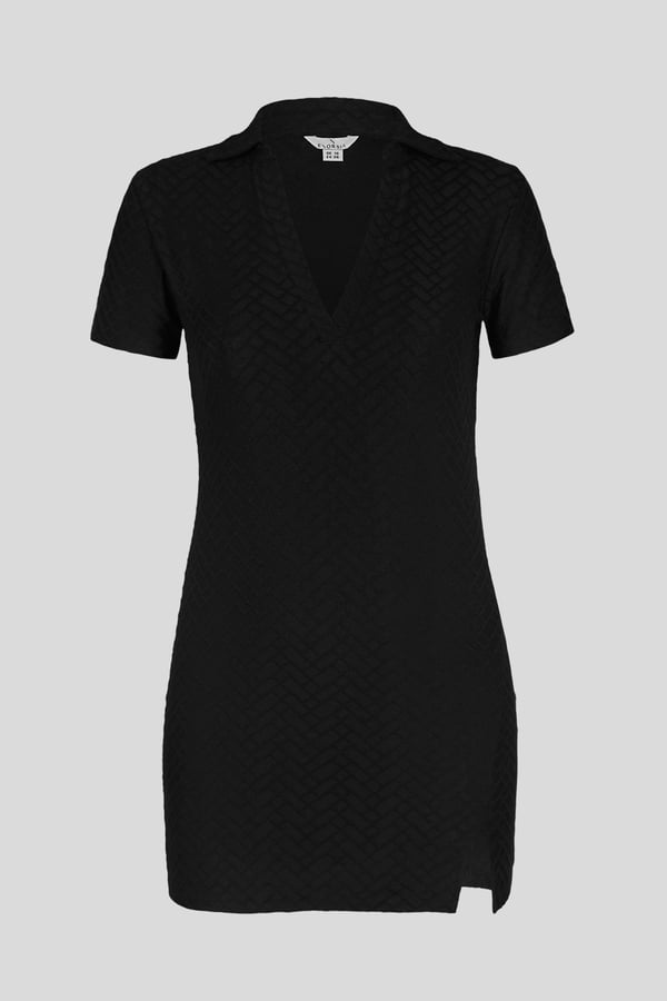 Black Deep V-Neck Polo Collar Mini Dress
