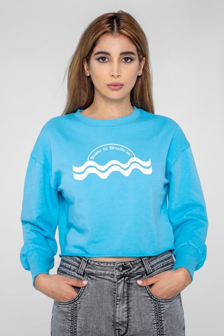 Blue Raw Edge Chest Print Sweatshirt