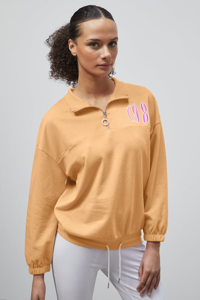 Half Zip High Neck Embroidery Sweatshirt