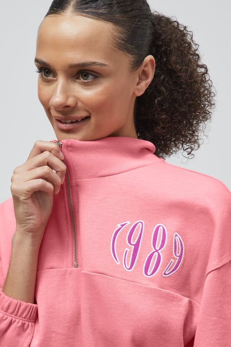 Pink Half Zip High Neck Embroidery Sweatshirt