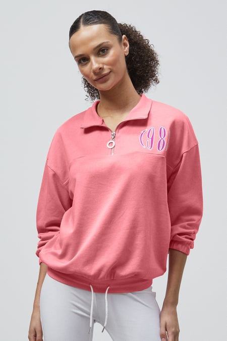 Blue Half Zip High Neck Embroidery Sweatshirt