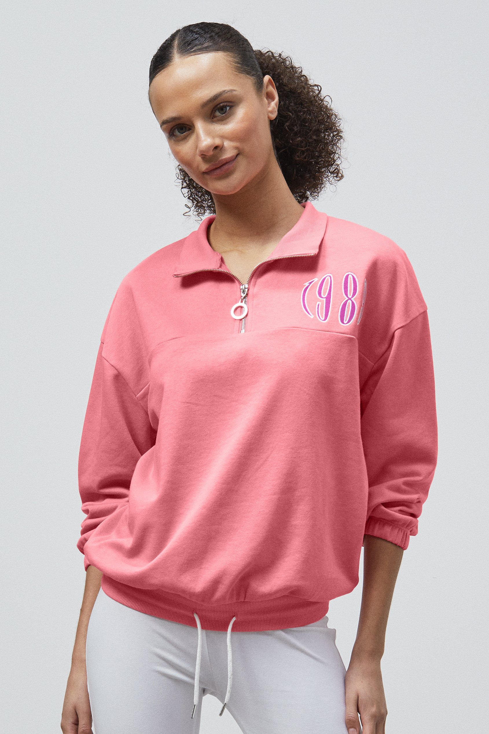 Half Zip High Neck Embroidery Sweatshirt