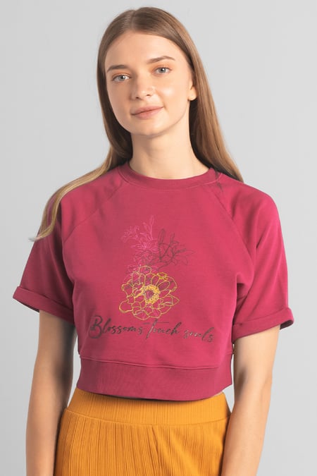 Womens Red Blossom Print Cropped Sweatshirt
