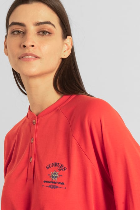 Red Henley Button Up Long Sleeve Sweatshirt