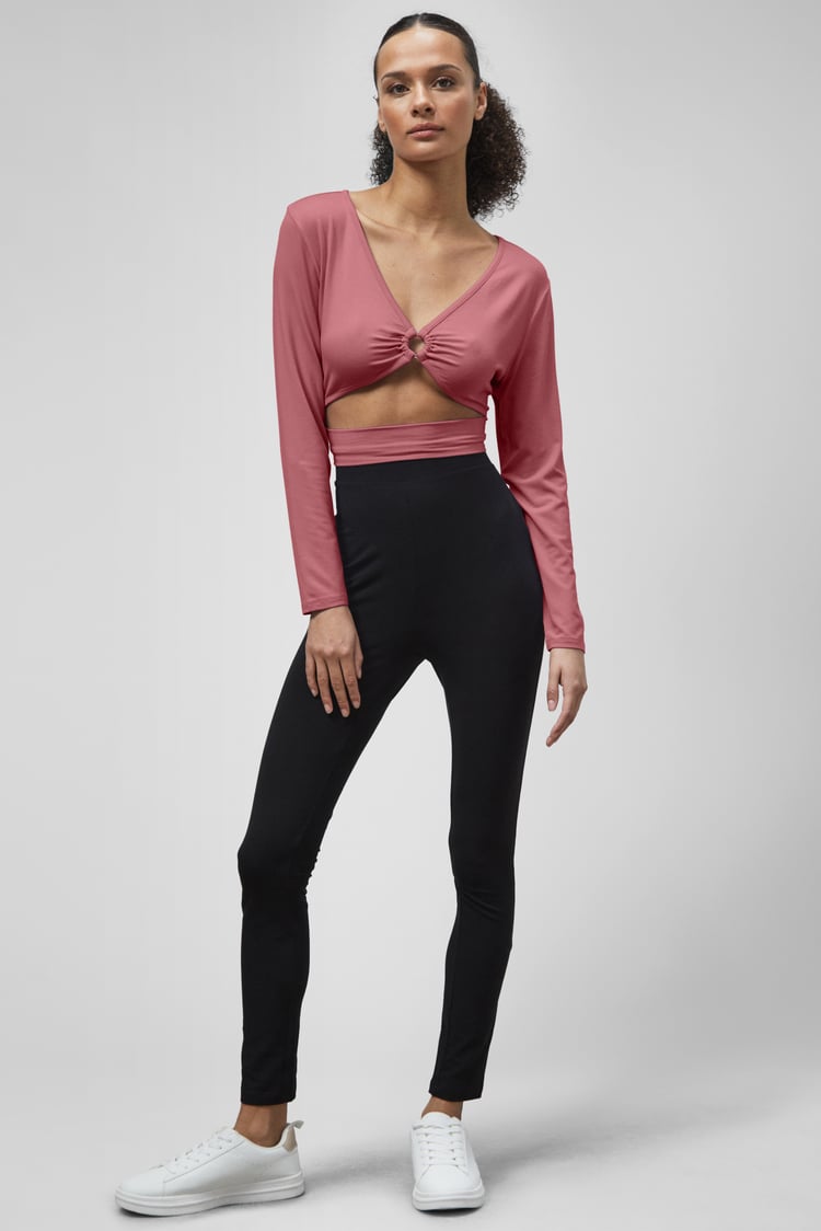 O-Ring Cut Out V-Neck Long Sleeves Top