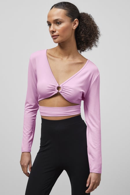 Pink O-Ring Cut Out V-Neck Long Sleeves Top