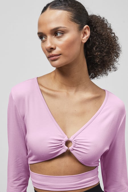 Pink O-Ring Cut Out V-Neck Long Sleeves Top
