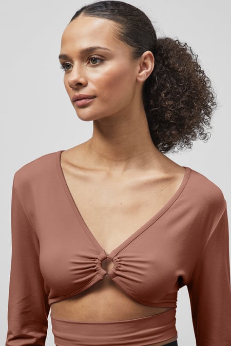 Brown O-Ring Cut Out V-Neck Long Sleeves Top