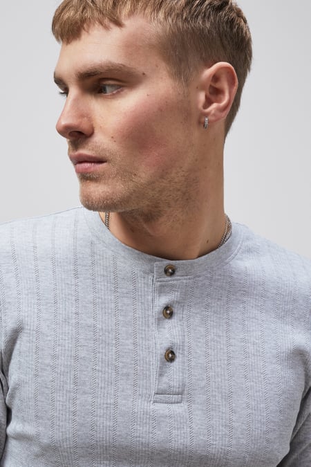 Grey Button Detail Half Placket Long Sleeve T-shirt