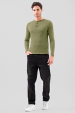 Button Detail Half Placket Long Sleeve T-shirt