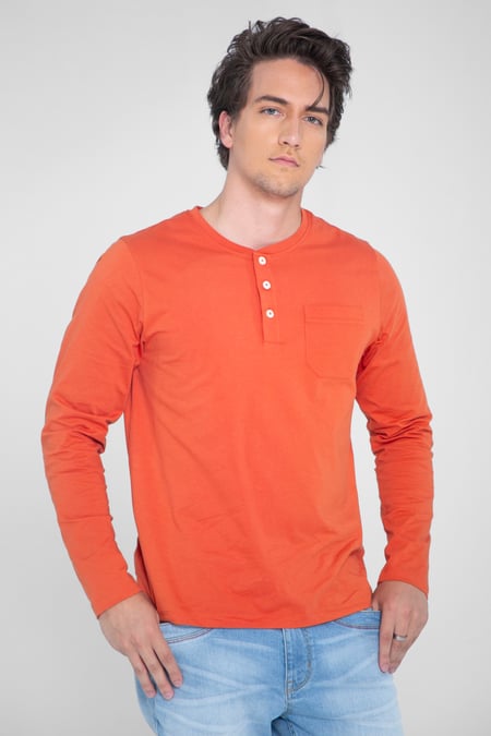Orange Half Placket Long Sleeve T-Shirt