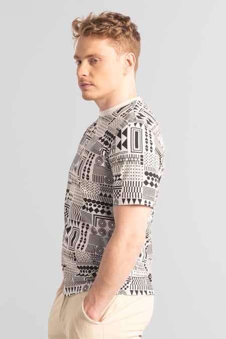 Mens Cream Geometric Printed T-Shirt
