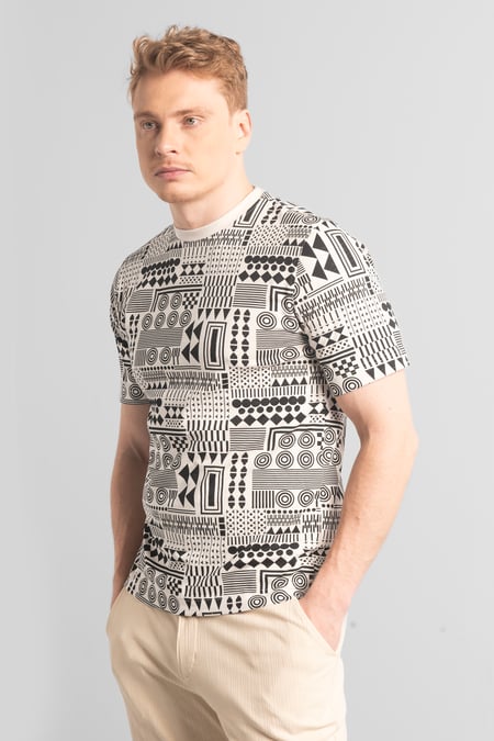 Mens Cream Geometric Printed T-Shirt