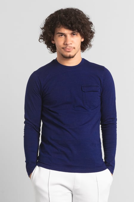 Mens Navy Long Sleeve Indigo Washed T-Shirt
