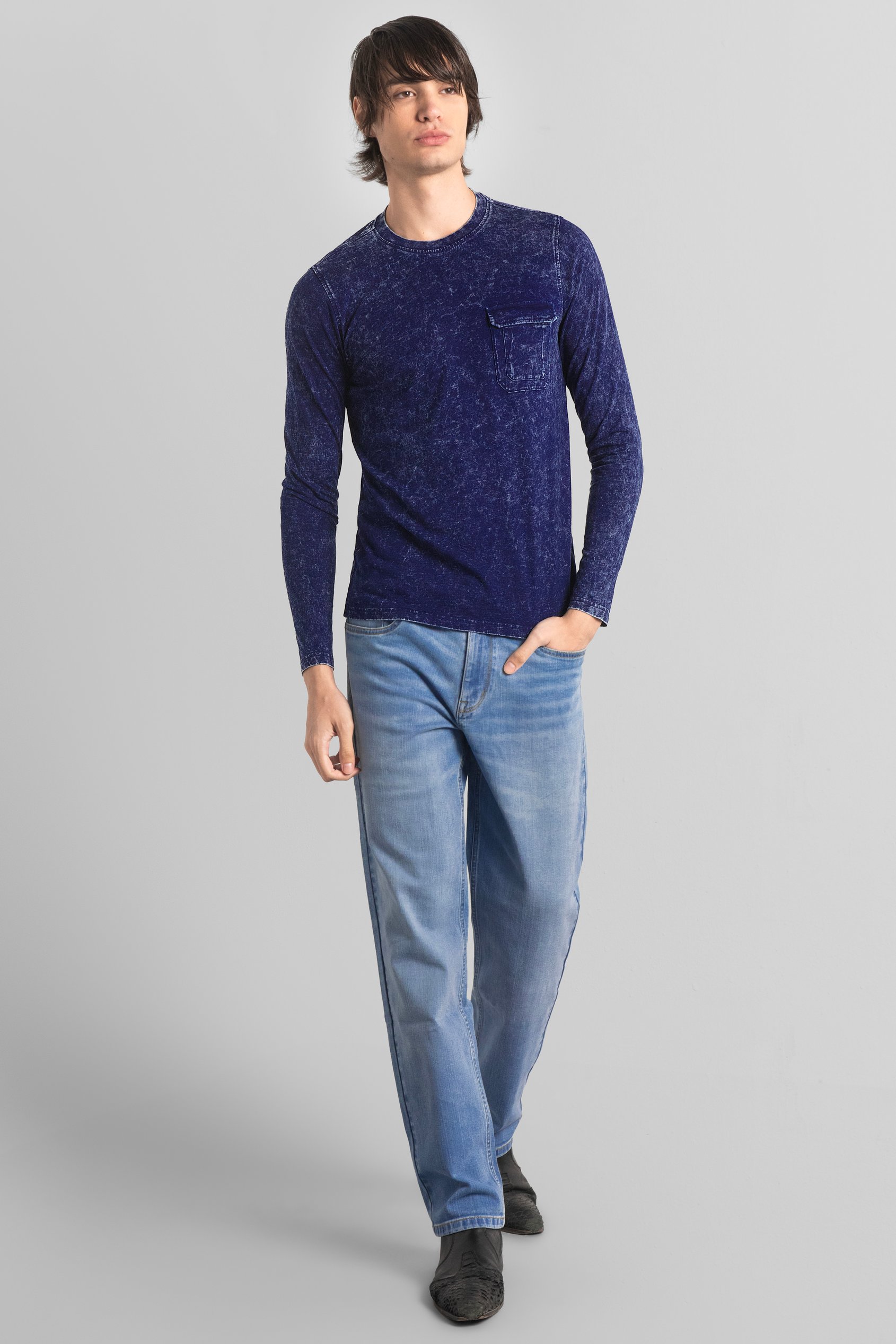 Mens Long Sleeve Indigo Washed T-Shirt