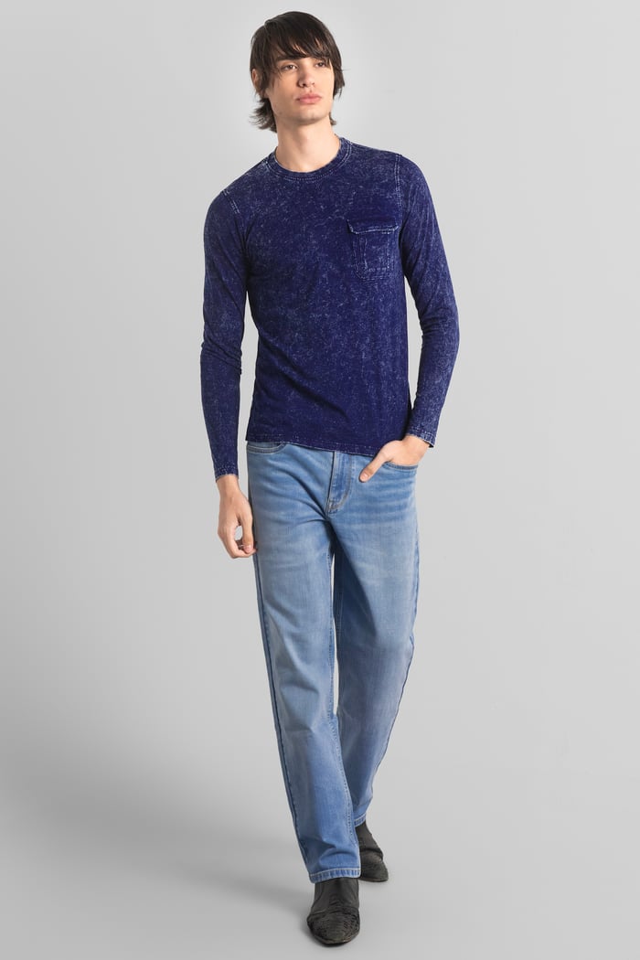 Mens Long Sleeve Indigo Washed T-Shirt
