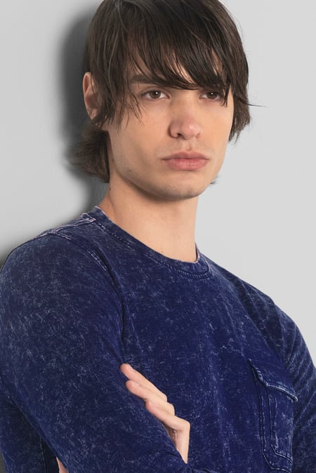 Mens Navy Long Sleeve Indigo Washed T-Shirt