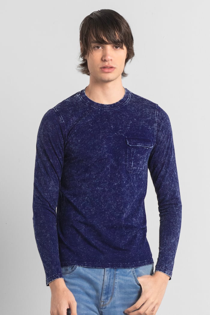 Mens Long Sleeve Indigo Washed T-Shirt