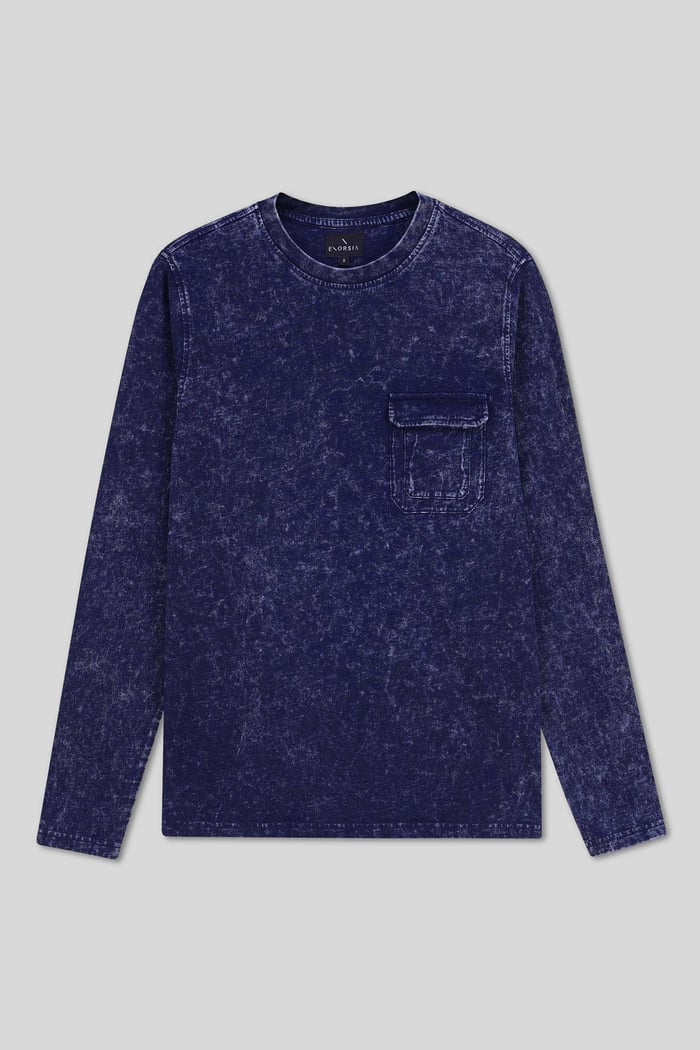 Mens Long Sleeve Indigo Washed T-Shirt