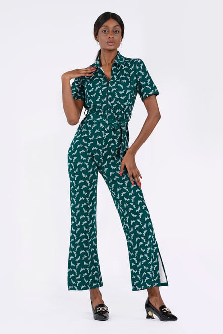 Womens Green Zip Through Wide Leg Jumpsuit