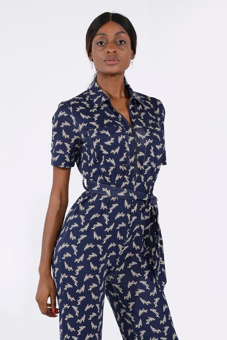 Womens Blue Zip Through Wide Leg Jumpsuit