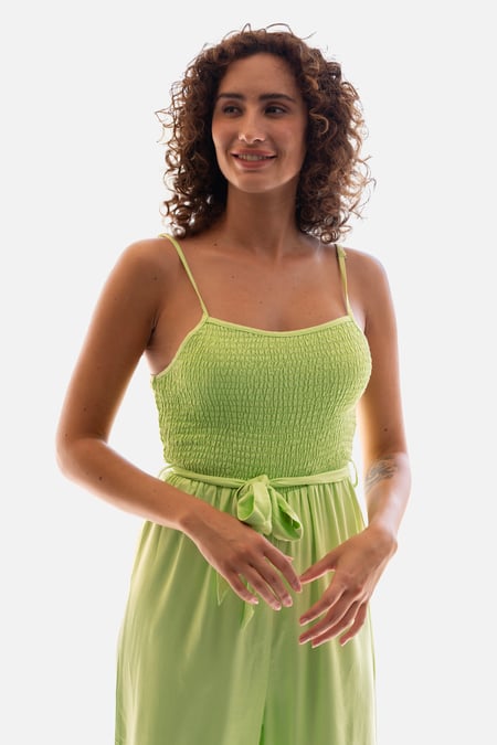 Green Belted Solid Jumpsuit with a Shirred Silhouette