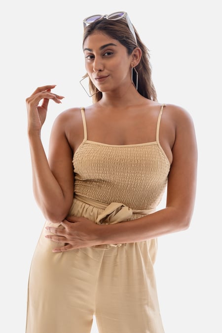 Cream Belted Solid Jumpsuit with a Shirred Silhouette