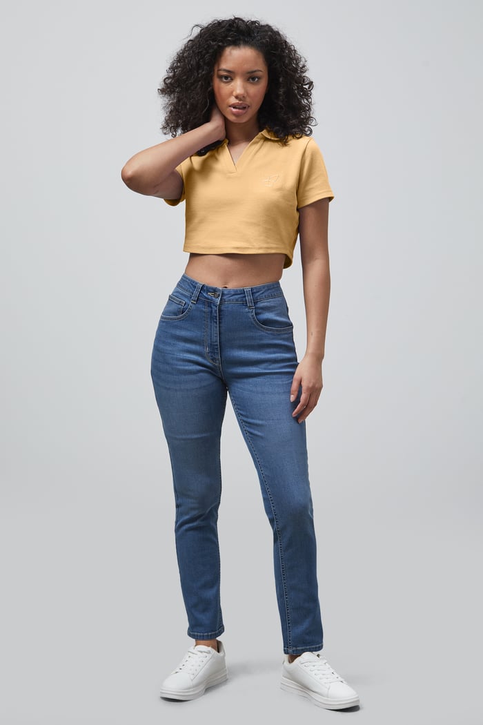 Waffle V-Neck Cropped Polo
