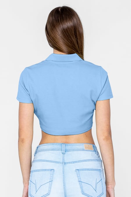 Blue Waffle V-Neck Cropped Polo