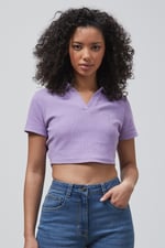 Waffle V-Neck Cropped Polo