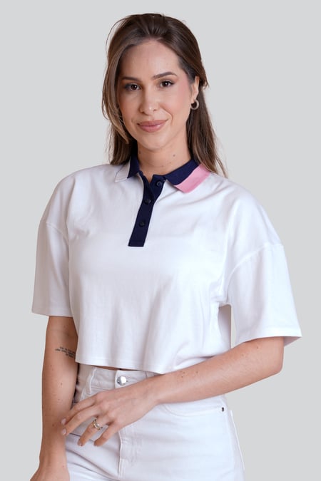 Navy Twin Tipped Collar Cropped Polo Shirt