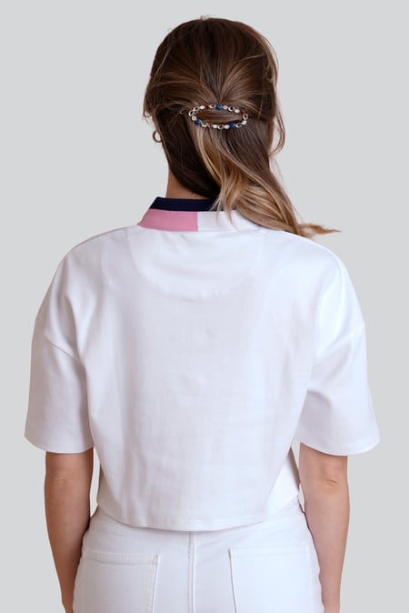 White Twin Tipped Collar Cropped Polo Shirt