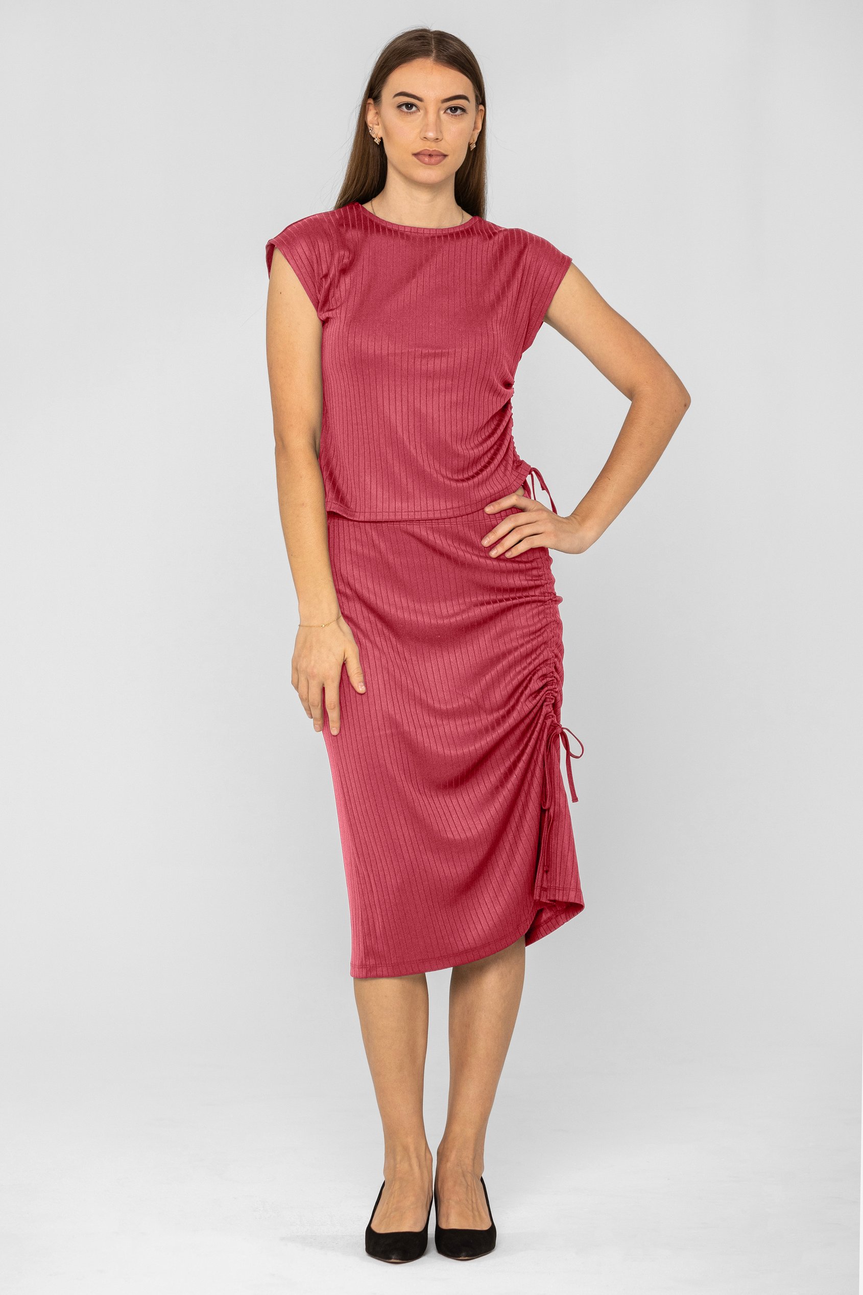 Ruched Drawstring Top & Skirt Set