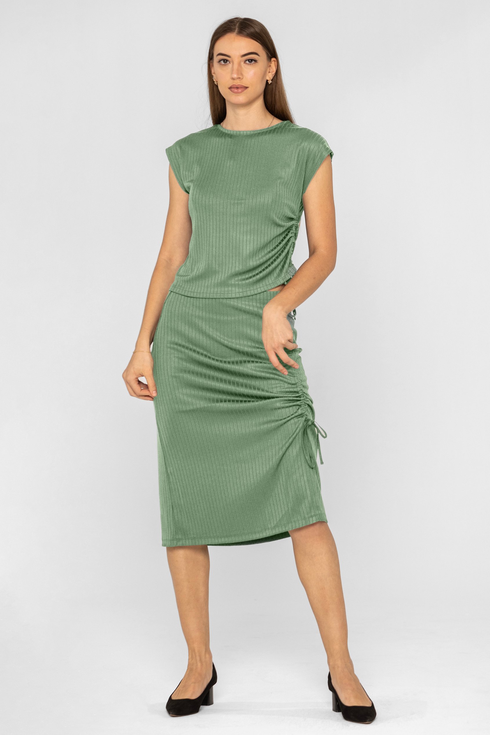 Ruched Drawstring Top & Skirt Set